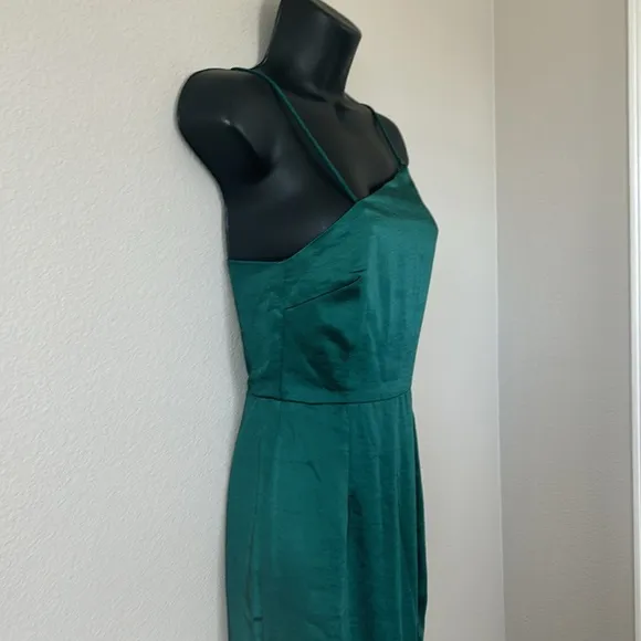 Oh Polly Emerald Green Asymetrical Satin Side Slit Midi Dress
