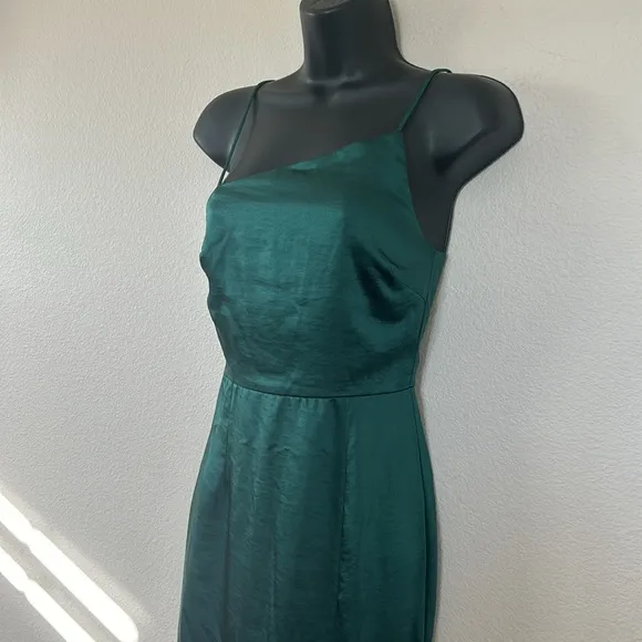 Oh Polly Emerald Green Asymetrical Satin Side Slit Midi Dress