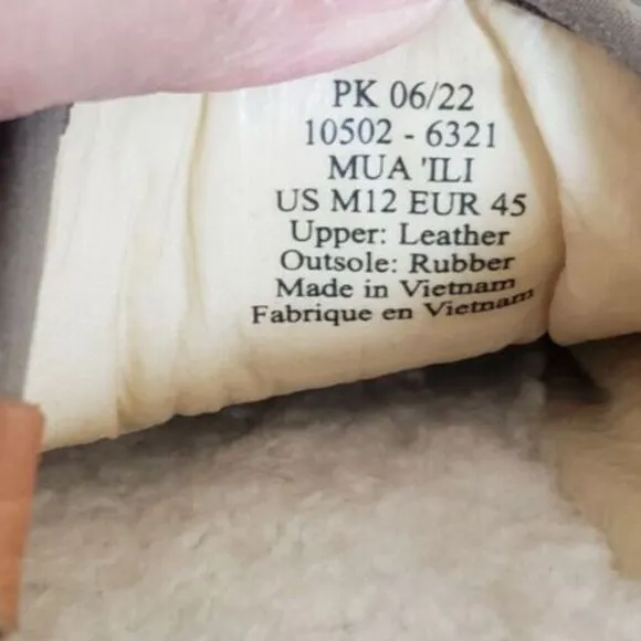OluKai Mua 'Ili Men's Brown Leather Slipper  Fur Lined US Size 12