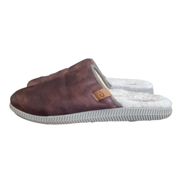 OluKai Mua 'Ili Men's Brown Leather Slipper  Fur Lined US Size 12