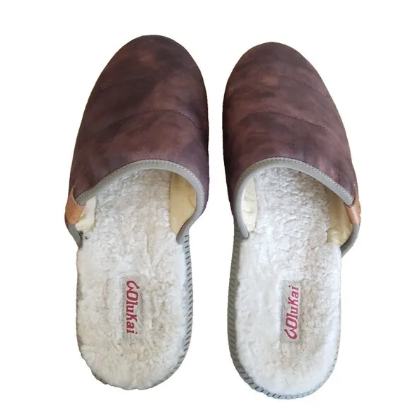 OluKai Mua 'Ili Men's Brown Leather Slipper  Fur Lined US Size 12