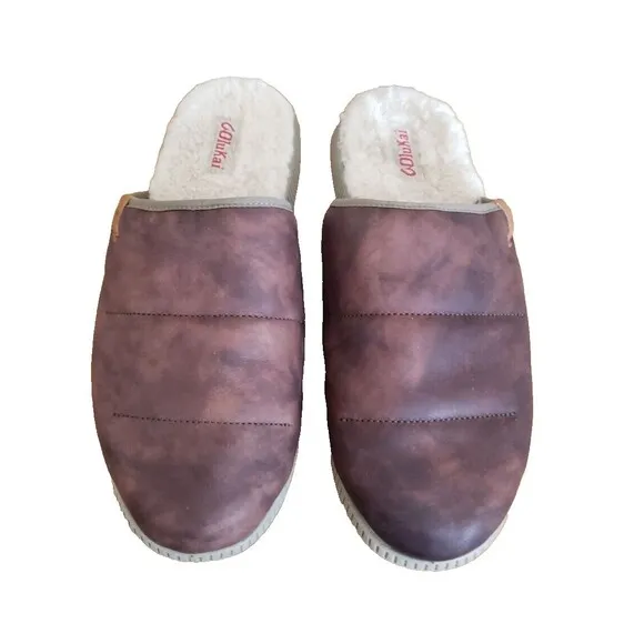 OluKai Mua 'Ili Men's Brown Leather Slipper  Fur Lined US Size 12