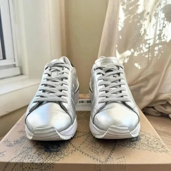 Onitsuka Tiger Platform Metallic Silver Sneaker Shoes Lace Up