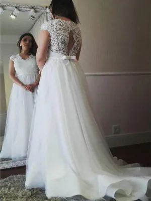 Open Back Cap Sleeve A-line Tulle Cheap Wedding Dresses Online, WDY0222