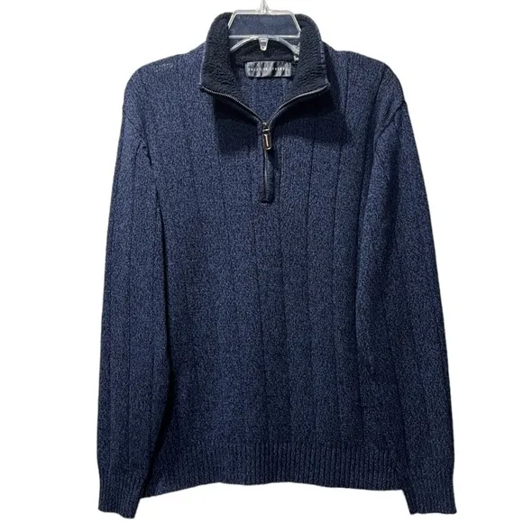 Oscar de la Renta Luxury Sweater Classic Ribbed Quarter Zip Navy Blue Siz Medium