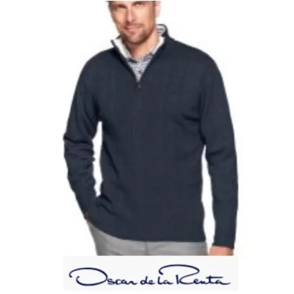 Oscar de la Renta Luxury Sweater Classic Ribbed Quarter Zip Navy Blue Siz Medium