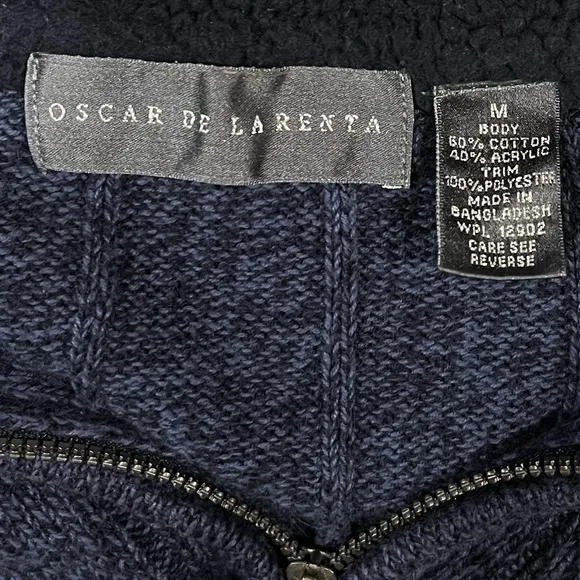 Oscar de la Renta Luxury Sweater Classic Ribbed Quarter Zip Navy Blue Siz Medium