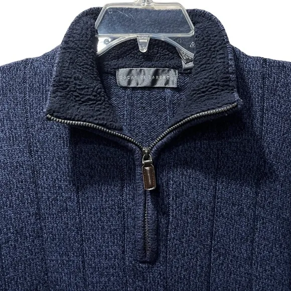 Oscar de la Renta Luxury Sweater Classic Ribbed Quarter Zip Navy Blue Siz Medium