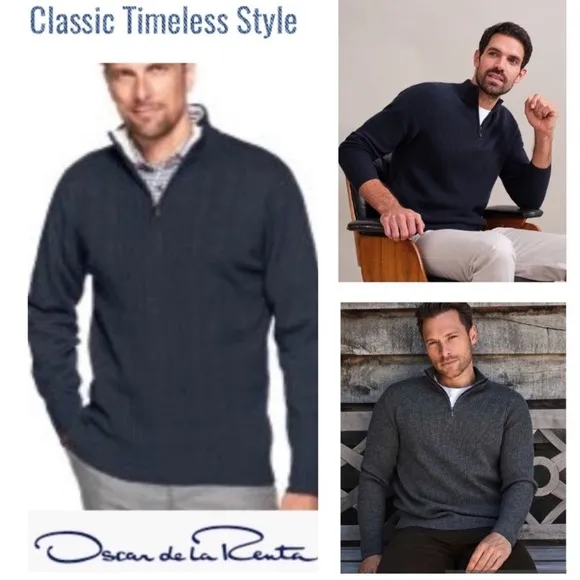 Oscar de la Renta Luxury Sweater Classic Ribbed Quarter Zip Navy Blue Siz Medium