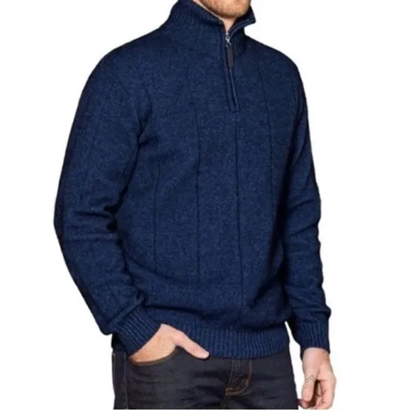 Oscar de la Renta Luxury Sweater Classic Ribbed Quarter Zip Navy Blue Siz Medium