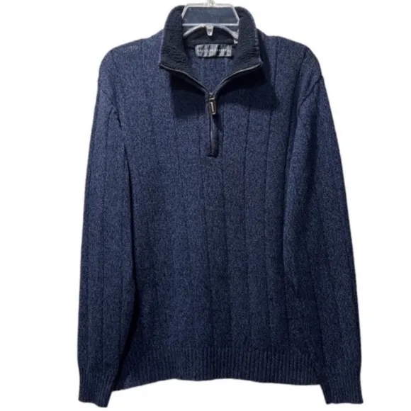 Oscar de la Renta Luxury Sweater Classic Ribbed Quarter Zip Navy Blue Siz Medium