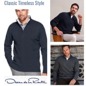 Oscar de la Renta Luxury Sweater Classic Ribbed Quarter Zip Navy Blue Siz Medium