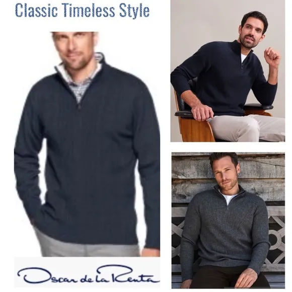 Oscar de la Renta Luxury Sweater Classic Ribbed Quarter Zip Navy Blue Siz Medium