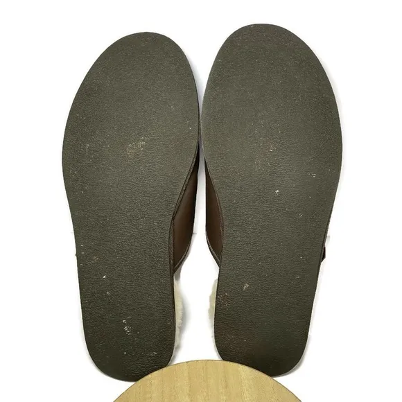 Overland Slippers Men’s 10 Mule Dark Brown Leather Slip On Shoes Shearling Lined