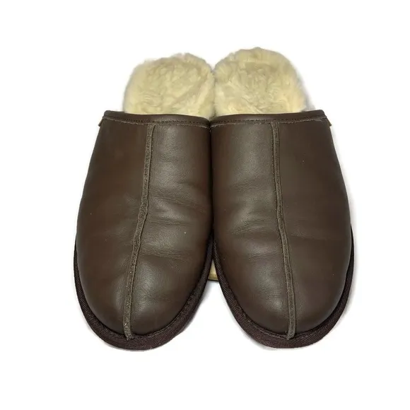 Overland Slippers Men’s 10 Mule Dark Brown Leather Slip On Shoes Shearling Lined