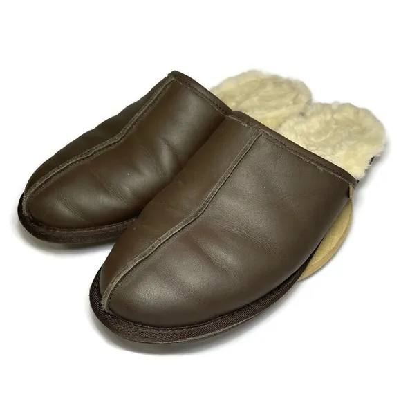 Overland Slippers Men’s 10 Mule Dark Brown Leather Slip On Shoes Shearling Lined