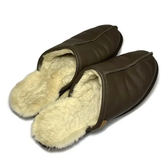 Overland Slippers Men’s 10 Mule Dark Brown Leather Slip On Shoes Shearling Lined