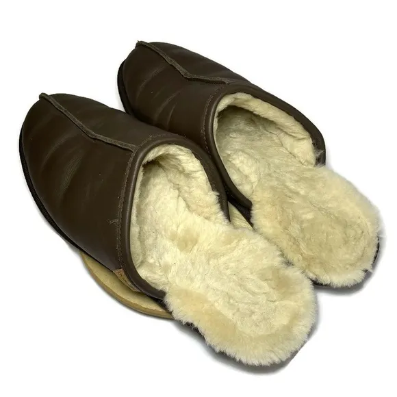 Overland Slippers Men’s 10 Mule Dark Brown Leather Slip On Shoes Shearling Lined
