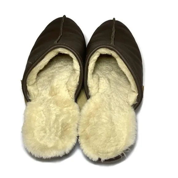 Overland Slippers Men’s 10 Mule Dark Brown Leather Slip On Shoes Shearling Lined