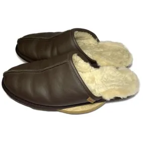 Overland Slippers Men’s 10 Mule Dark Brown Leather Slip On Shoes Shearling Lined