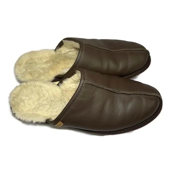 Overland Slippers Men’s 10 Mule Dark Brown Leather Slip On Shoes Shearling Lined