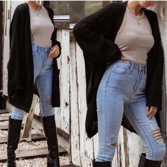 Oversized Long Batwing Sleeve Cardigan Waffle Knit Sweater