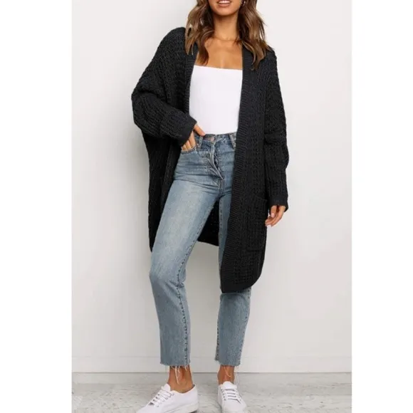 Oversized Long Batwing Sleeve Cardigan Waffle Knit Sweater