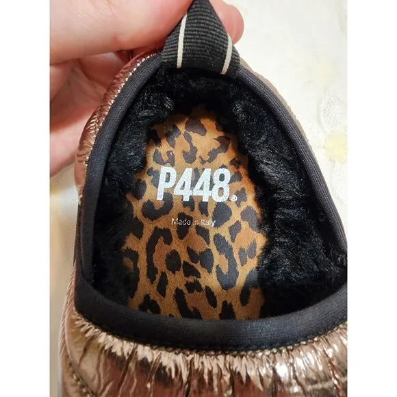P448 WOMENS 40 SZ 9 GOLD SLIP ON LABY SNEAKER SLIPPER CHEETAH SHIMMER COMFY CUTE