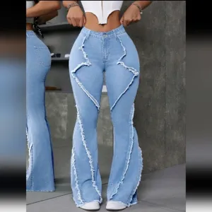 Patchwork Frayed Trim Slim Fit Flared Jeans