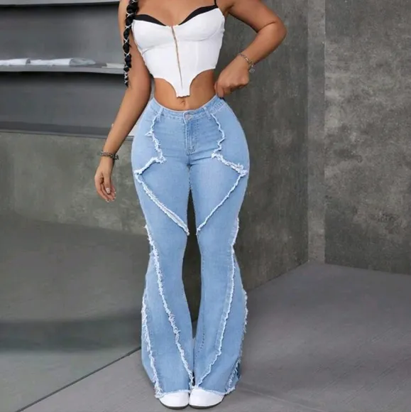 Patchwork Frayed Trim Slim Fit Flared Jeans