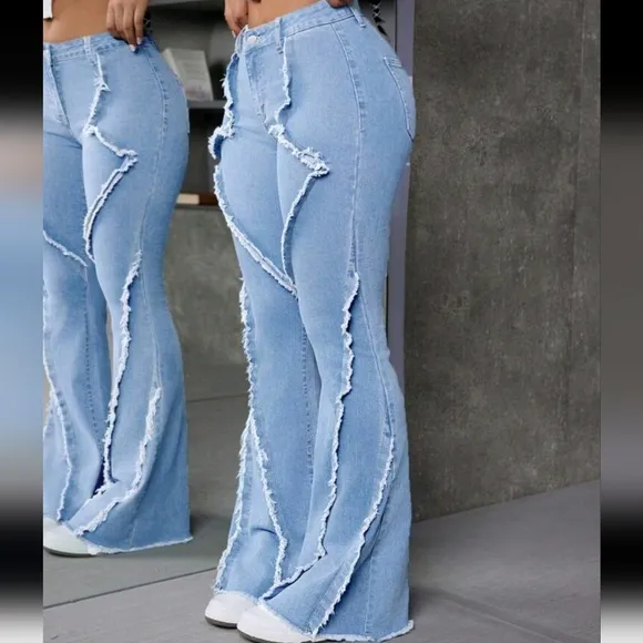 Patchwork Frayed Trim Slim Fit Flared Jeans