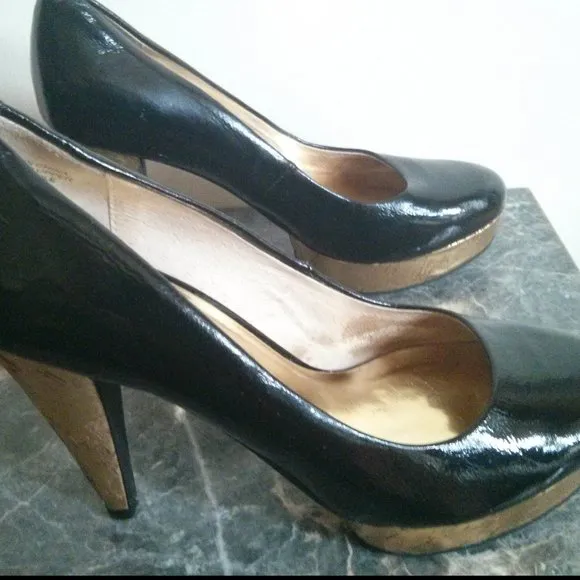 Patent Black &amp; Gold Cork Platform Heels Size 6.5