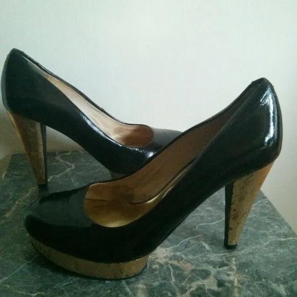 Patent Black &amp; Gold Cork Platform Heels Size 6.5