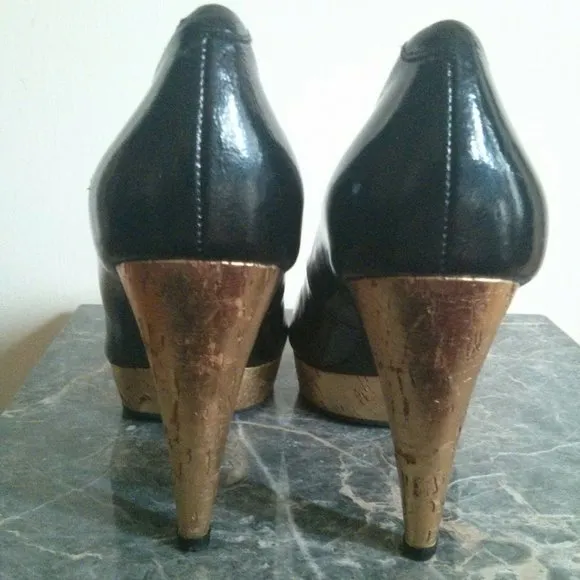 Patent Black &amp; Gold Cork Platform Heels Size 6.5