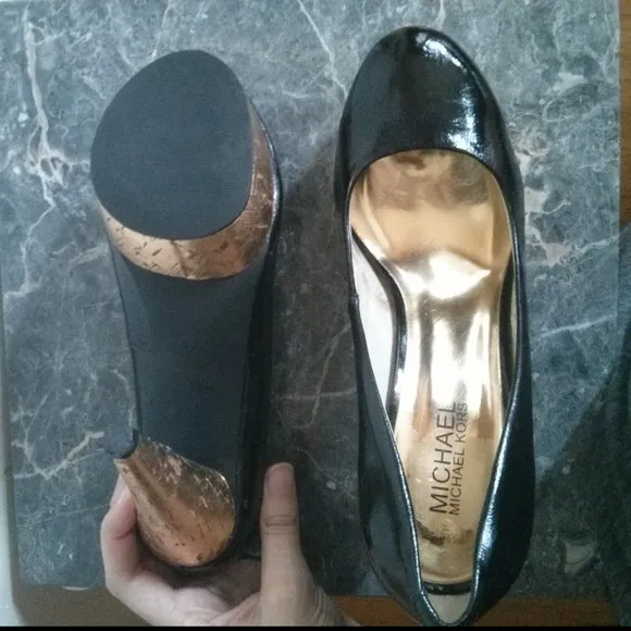 Patent Black &amp; Gold Cork Platform Heels Size 6.5