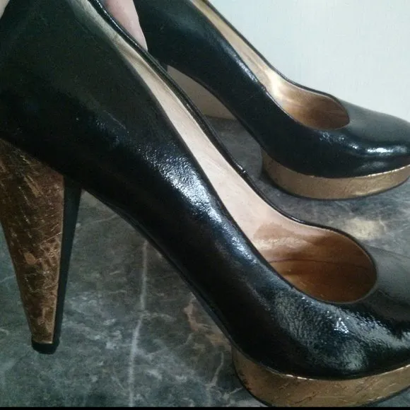 Patent Black &amp; Gold Cork Platform Heels Size 6.5