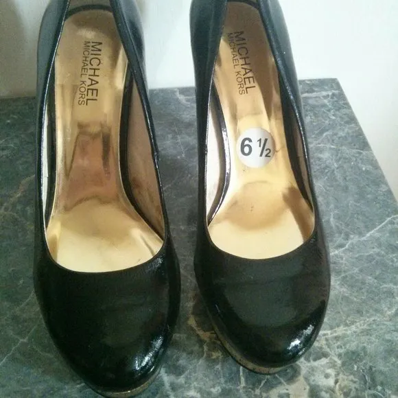 Patent Black &amp; Gold Cork Platform Heels Size 6.5