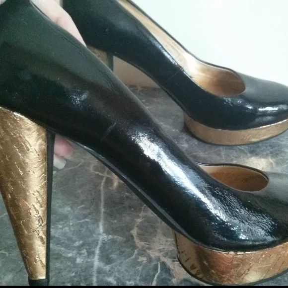 Patent Black &amp; Gold Cork Platform Heels Size 6.5