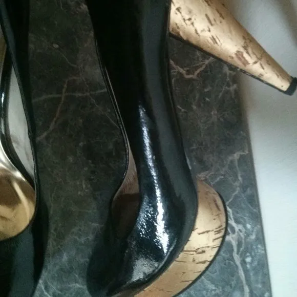 Patent Black &amp; Gold Cork Platform Heels Size 6.5