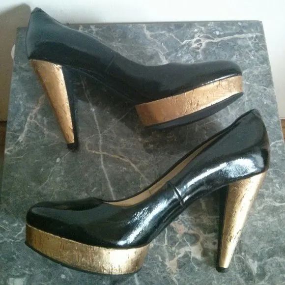 Patent Black &amp; Gold Cork Platform Heels Size 6.5