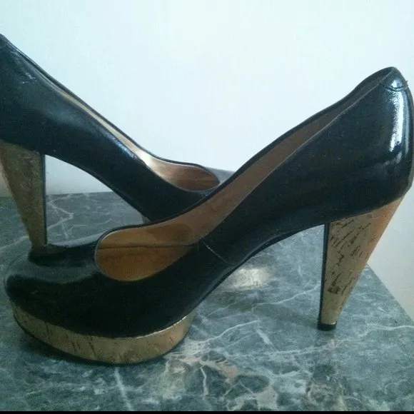 Patent Black &amp; Gold Cork Platform Heels Size 6.5