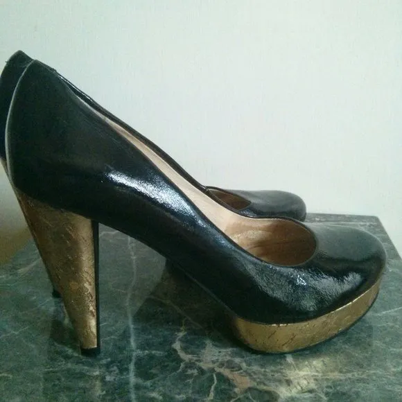 Patent Black &amp; Gold Cork Platform Heels Size 6.5