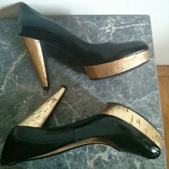 Patent Black &amp; Gold Cork Platform Heels Size 6.5