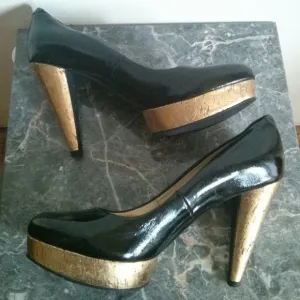 Patent Black &amp; Gold Cork Platform Heels Size 6.5