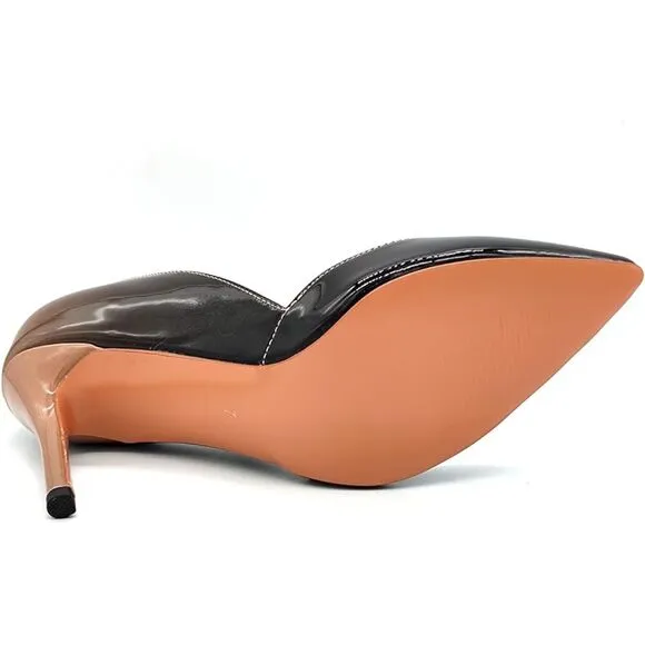 Patent Leather Pointed Toe Medium Heel Slip On Stiletto Pumps Nude Black 7.5 US