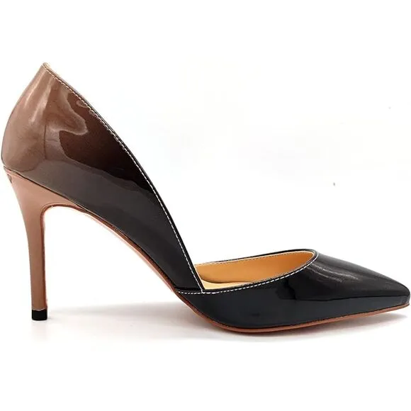 Patent Leather Pointed Toe Medium Heel Slip On Stiletto Pumps Nude Black 7.5 US