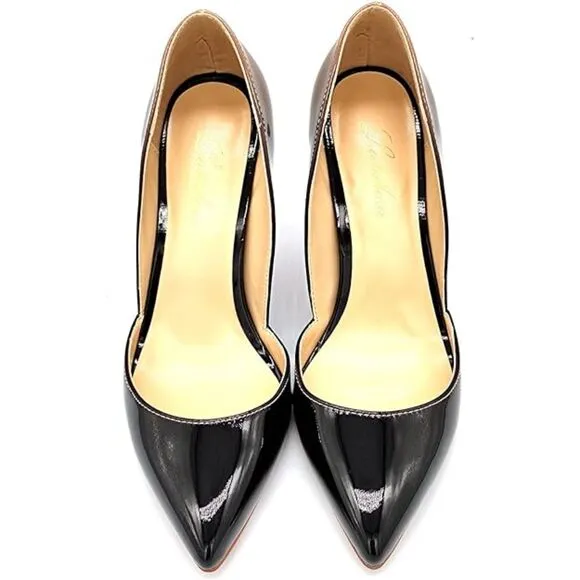 Patent Leather Pointed Toe Medium Heel Slip On Stiletto Pumps Nude Black 7.5 US