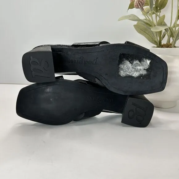 Paul Green Cici Sandal Leather Cross Band Block Heel Black Crinkle Women 7.5 NWB