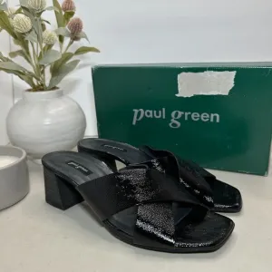 Paul Green Cici Sandal Leather Cross Band Block Heel Black Crinkle Women 7.5 NWB