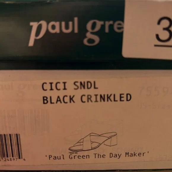 Paul Green Cici Sandal Leather Cross Band Block Heel Black Crinkle Women 7.5 NWB
